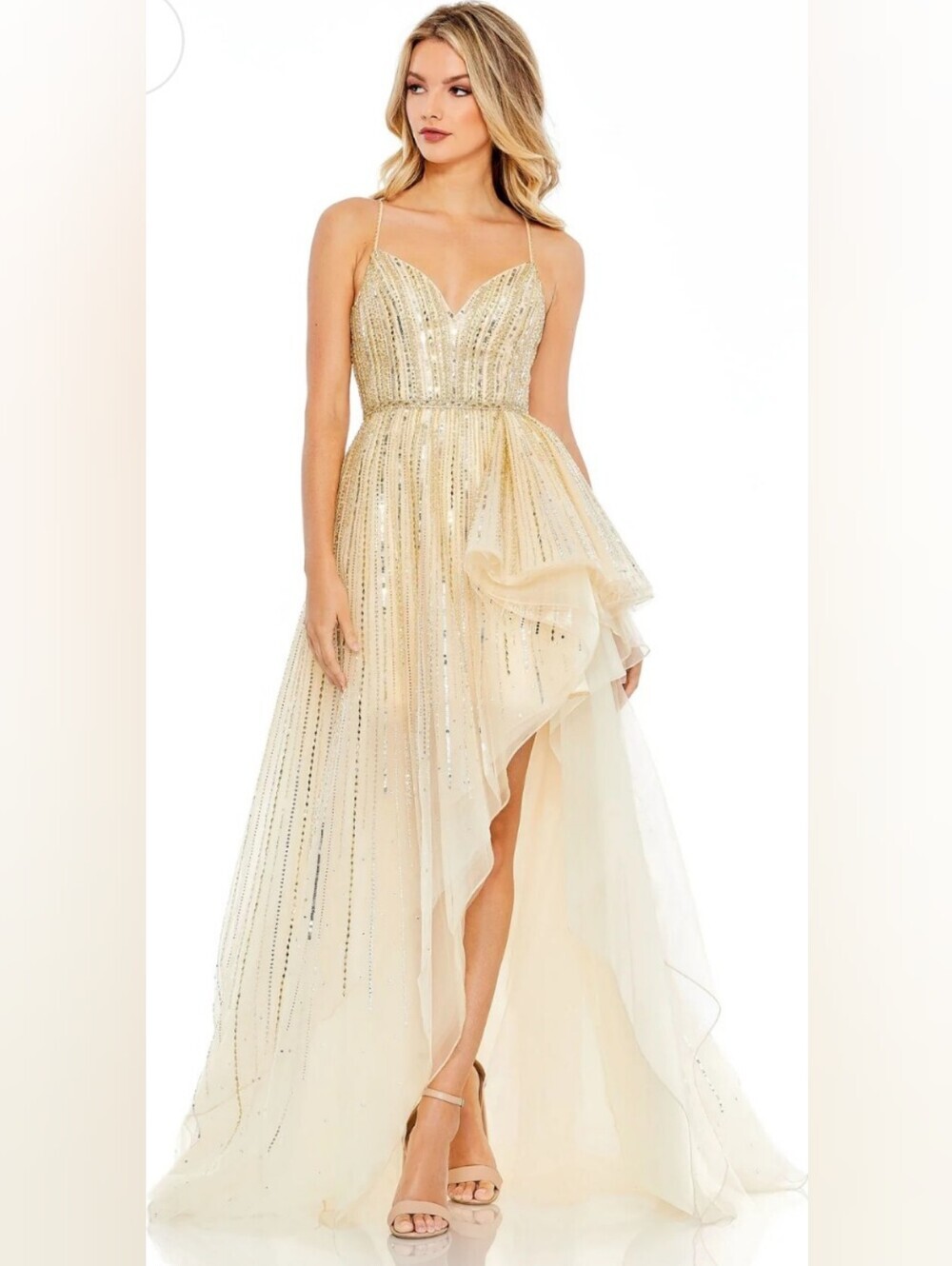 NWT Mac Duggal Hand Embellished Tulle High-Low Gown Gold Silver 4 70124 $798.00